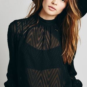Free People Chevron Tucking Sheer Blouse Button Back High Collar See Through